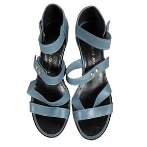 VINTAGE CHARLES JOURDAN Blue Leather Sandals Block Heels Italy 7.5 AA Narrow EUC